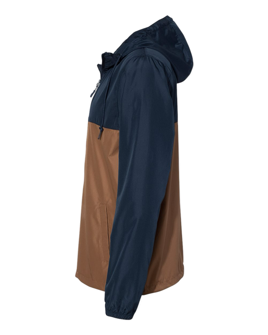 Side view of NO&YO navy and saddle colorblock windbreaker jacket with hood and front pockets.