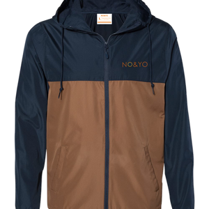 NO&YO men’s windbreaker jacket in navy and saddle brown with hood and zipper – lightweight outdoor apparel.