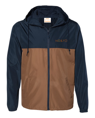 NO&YO men’s windbreaker jacket in navy and saddle brown with hood and zipper – lightweight outdoor apparel.