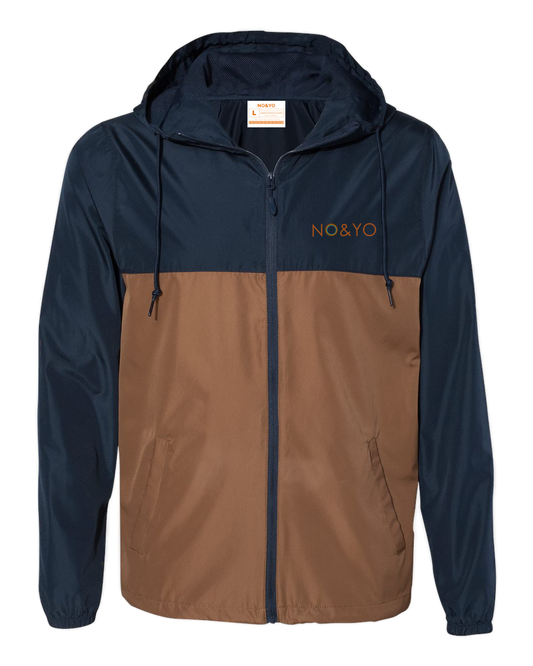 NO&YO men’s windbreaker jacket in navy and saddle brown with hood and zipper – lightweight outdoor apparel.