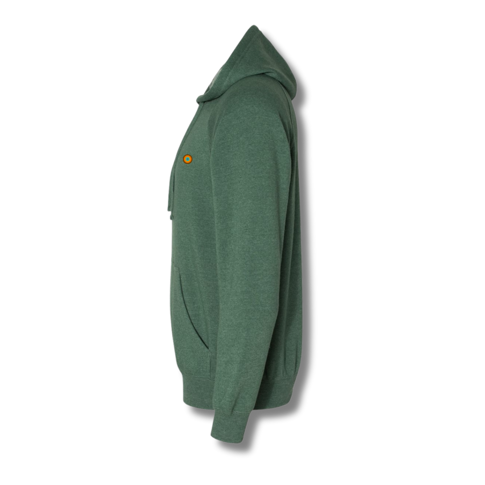 Side profile of NO&YO moss green raglan hoodie with soft blend fabric for comfort.