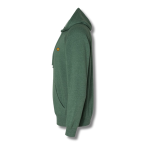Side profile of NO&YO moss green raglan hoodie with soft blend fabric for comfort.