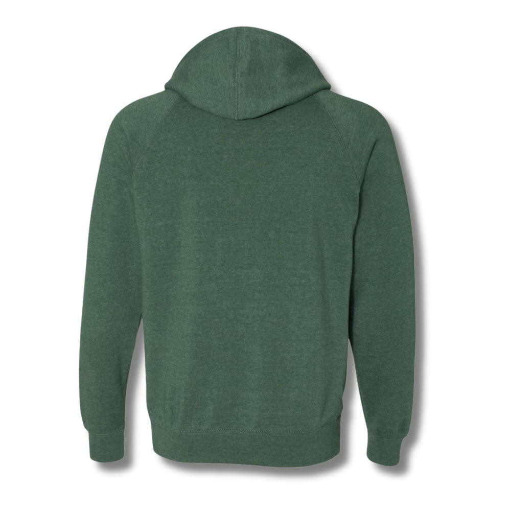 NO&YO moss green raglan hoodie with kangaroo pocket and embroidered logo, designed for outdoor adventure.