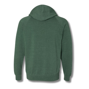 NO&YO moss green raglan hoodie with kangaroo pocket and embroidered logo, designed for outdoor adventure.