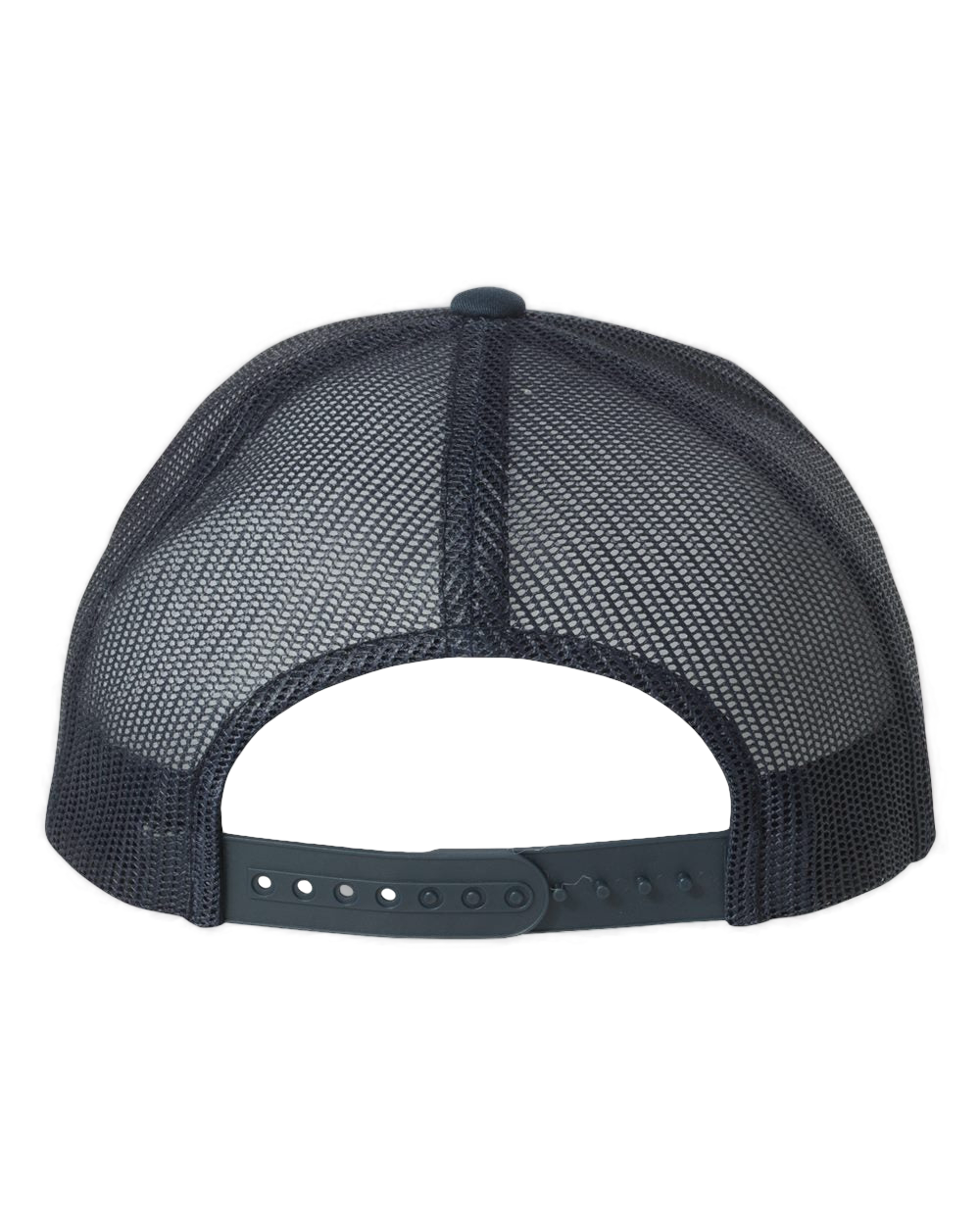 Back view and side profile of NO&YO navy trucker hat featuring classic snapback closure and breathable mesh back design, perfect for outdoor adventures