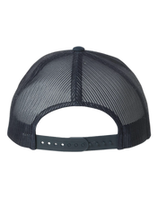 Load image into Gallery viewer, Back view and side profile of NO&amp;YO navy trucker hat featuring classic snapback closure and breathable mesh back design, perfect for outdoor adventures
