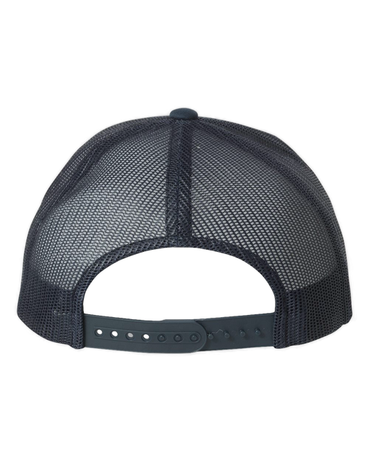 Back view and side profile of NO&YO navy trucker hat featuring classic snapback closure and breathable mesh back design, perfect for outdoor adventures