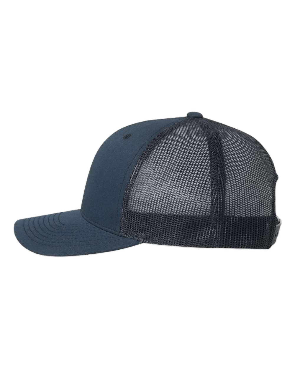 Back view and side profile of NO&YO navy trucker hat featuring classic snapback closure and breathable mesh back design, perfect for outdoor adventures