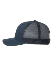 Load image into Gallery viewer, Back view and side profile of NO&amp;YO navy trucker hat featuring classic snapback closure and breathable mesh back design, perfect for outdoor adventures
