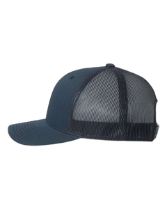 Back view and side profile of NO&YO navy trucker hat featuring classic snapback closure and breathable mesh back design, perfect for outdoor adventures