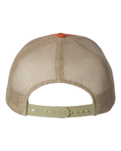 Load image into Gallery viewer, Back view of NO&amp;YO orange trucker hat with beige mesh and adjustable snapback closure, designed for comfort and outdoor adventures.

