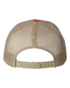 Back view of NO&YO orange trucker hat with beige mesh and adjustable snapback closure, designed for comfort and outdoor adventures.