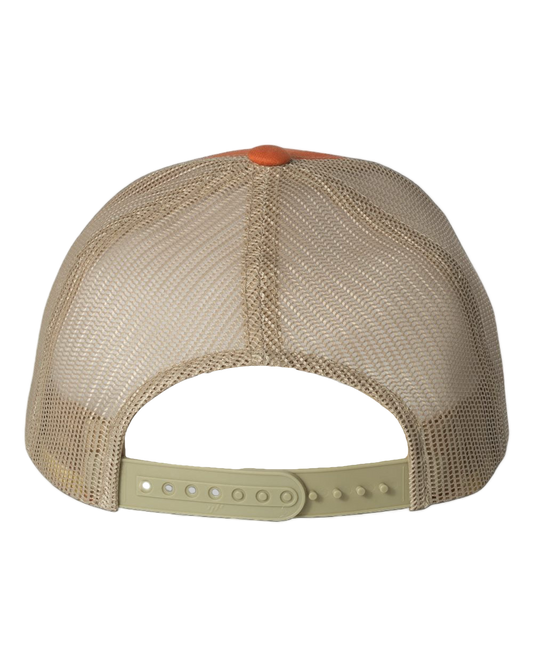 Back view of NO&YO orange trucker hat with beige mesh and adjustable snapback closure, designed for comfort and outdoor adventures.