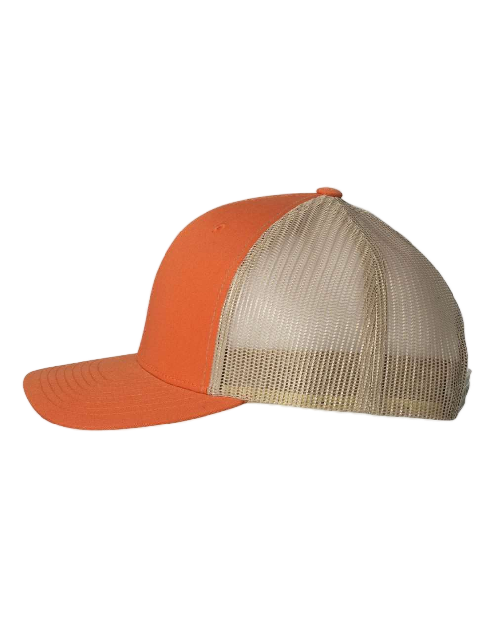 Side view of NO&YO orange trucker hat featuring rustic orange front panels, breathable beige mesh back, and structured snapback design.