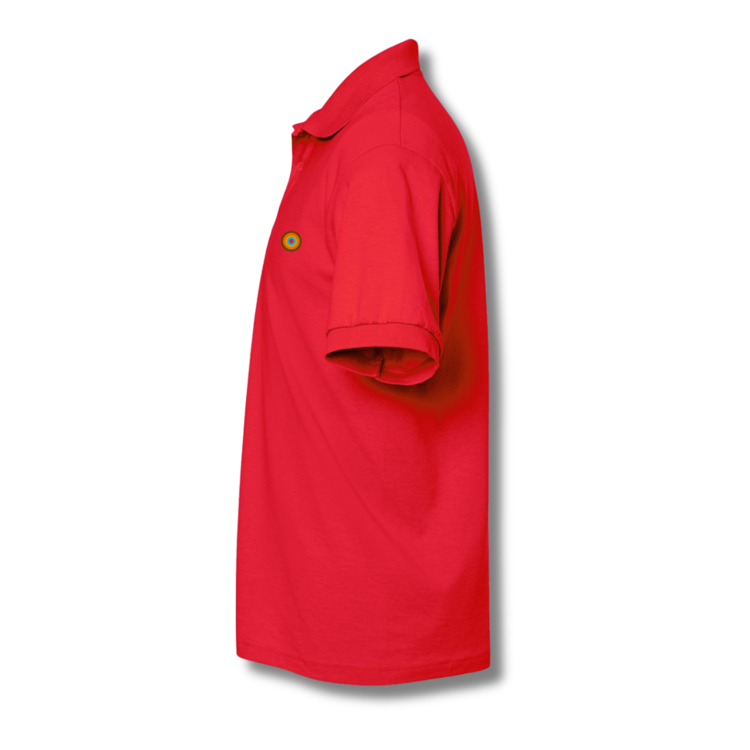 Side profile of NO&YO red polo shirt highlighting tailored fit and soft premium fabric