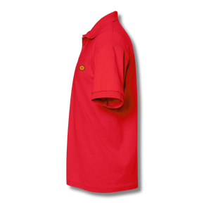 Side profile of NO&YO red polo shirt highlighting tailored fit and soft premium fabric