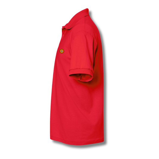 Side profile of NO&YO red polo shirt highlighting tailored fit and soft premium fabric