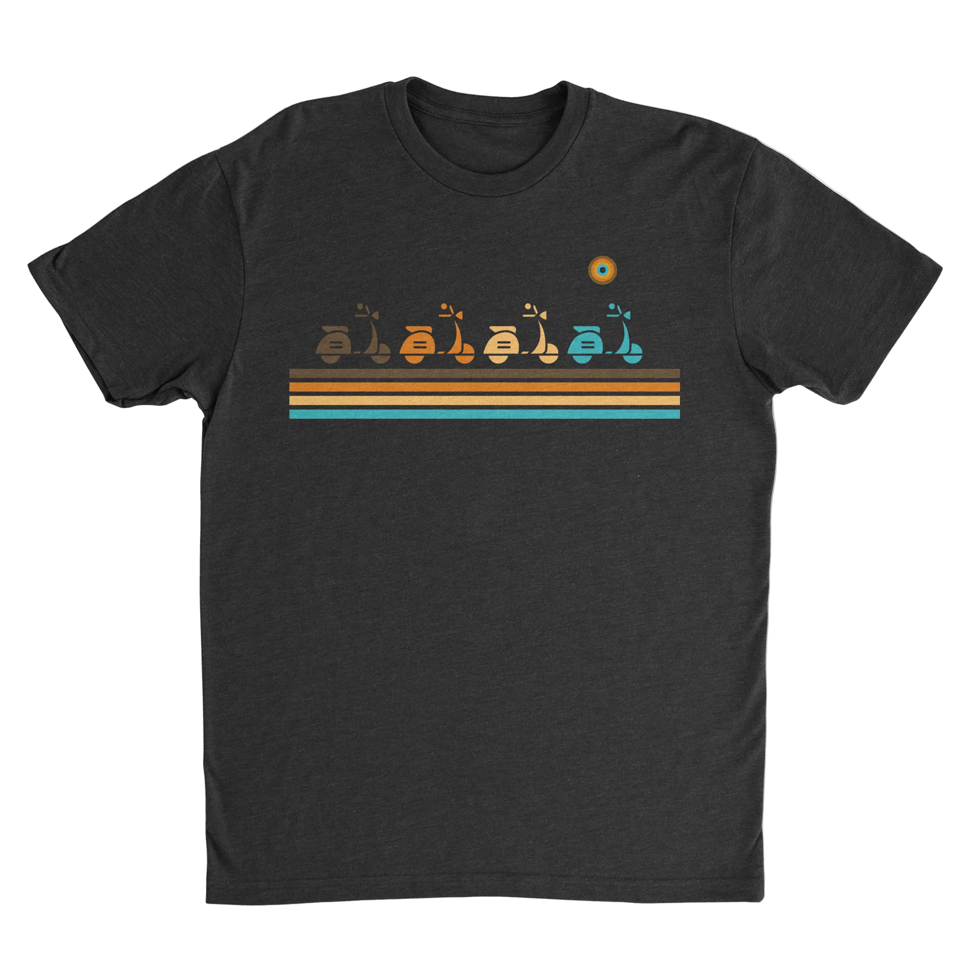 NO&YO Vintage Scooter Adventure Tee in black with retro scooter artwork and colorful vintage stripes inspired by travel, exploration, and road-trip adventures.