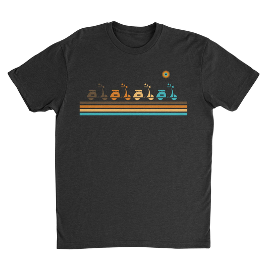 NO&YO Vintage Scooter Adventure Tee in black with retro scooter artwork and colorful vintage stripes inspired by travel, exploration, and road-trip adventures.