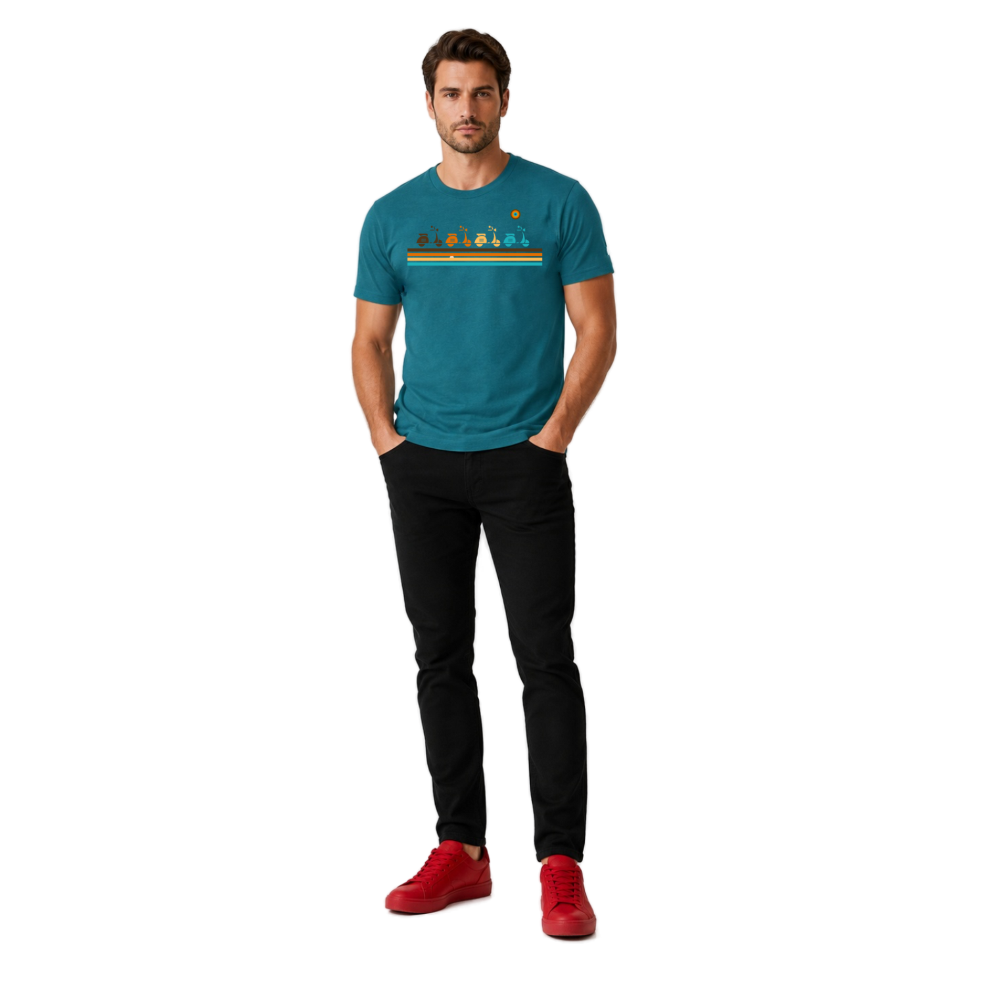 Male model wearing the teal NO&YO Vintage Scooter Adventure Tee featuring retro scooter artwork and colorful vintage stripes inspired by travel and exploration.