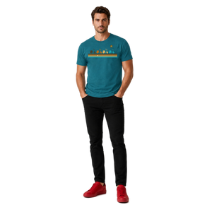 Male model wearing the teal NO&YO Vintage Scooter Adventure Tee featuring retro scooter artwork and colorful vintage stripes inspired by travel and exploration.