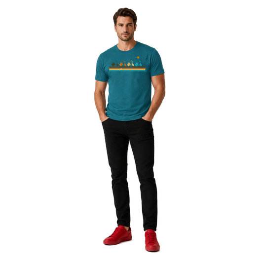 Male model wearing the teal NO&YO Vintage Scooter Adventure Tee featuring retro scooter artwork and colorful vintage stripes inspired by travel and exploration.
