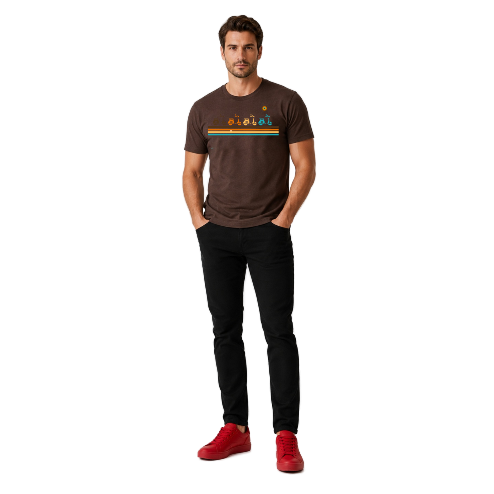 Male model wearing the brown NO&YO Vintage Scooter Adventure Tee featuring retro scooter graphics and vintage travel-inspired stripes in a clean studio setting.