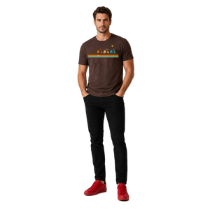 Male model wearing the brown NO&YO Vintage Scooter Adventure Tee featuring retro scooter graphics and vintage travel-inspired stripes in a clean studio setting.