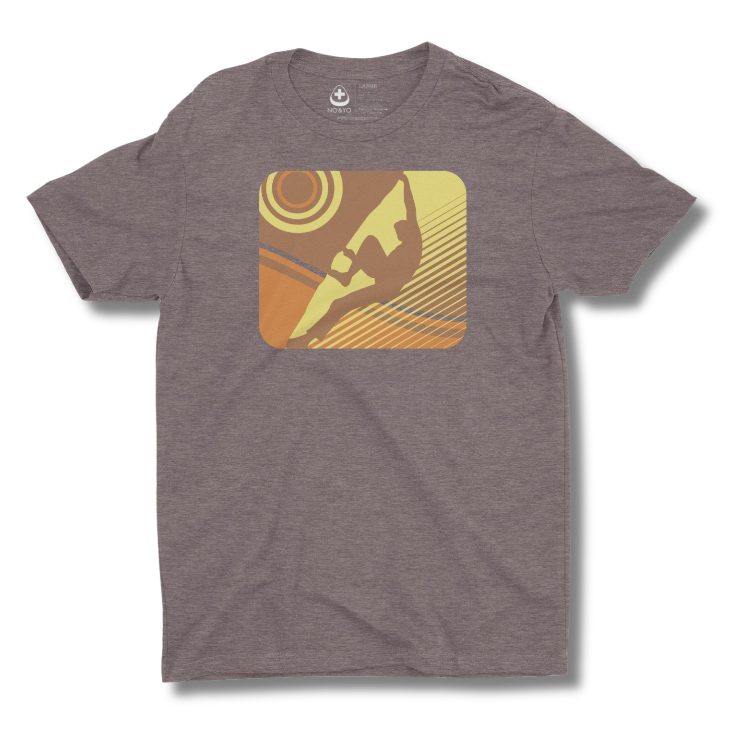 Front view of NO&YO rock climbing graphic t-shirt, featuring a bold outdoor design in earthy tones, perfect for adventurers.