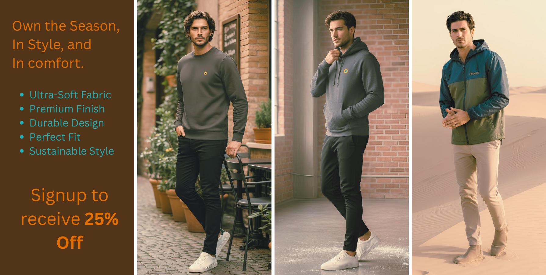 “Three men wearing NO&YO’s premium hoodies and jackets in warm neutral tones, showcasing ultra-soft fabrics and modern design. Promotional banner reads ‘Own the Season, In Style, and In Comfort’ with a 25% off signup offer.”