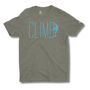 Military green t-shirt with 'CLIMB' and climbing graphic on a military green background
