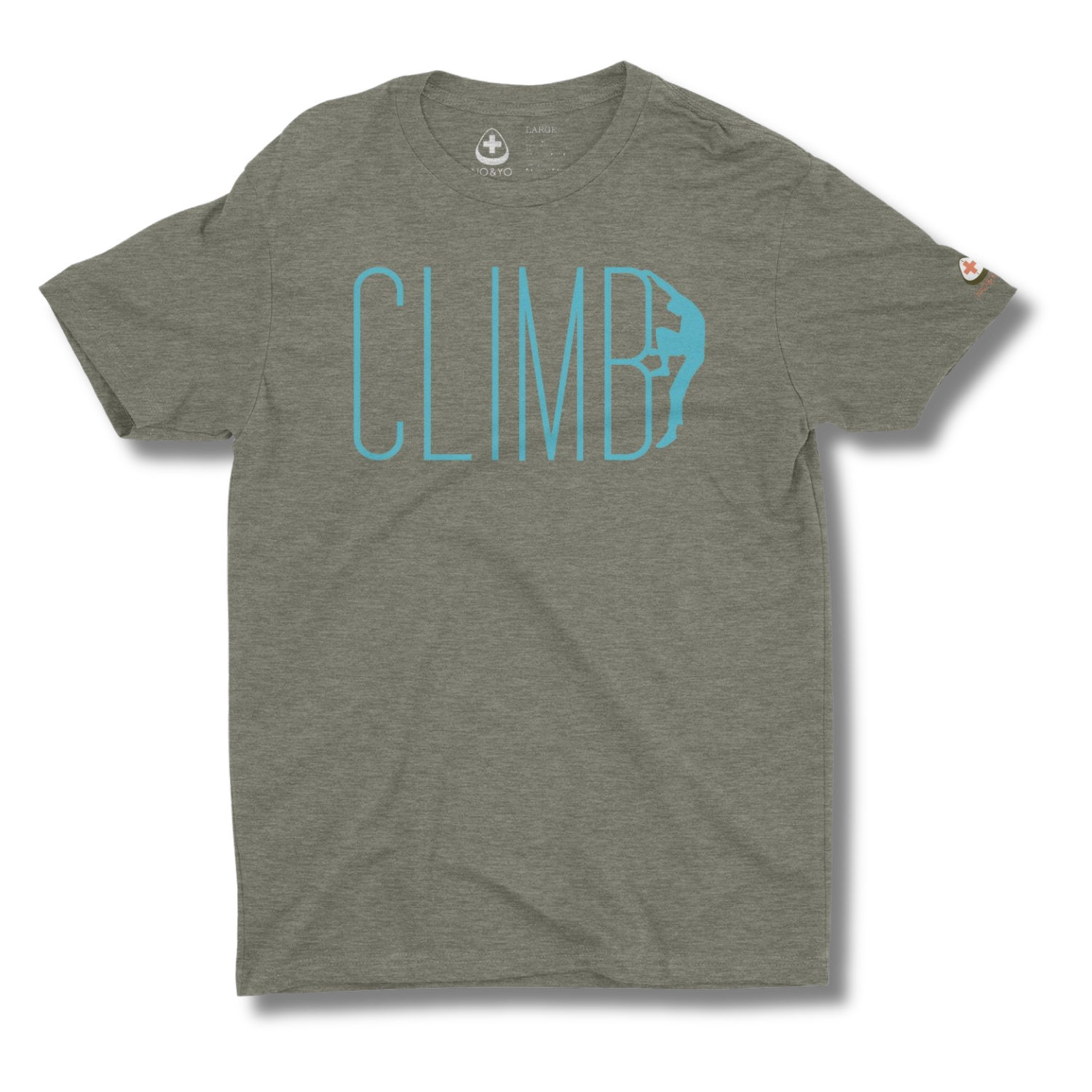 Military green t-shirt with 'CLIMB' and climbing graphic on a military green background