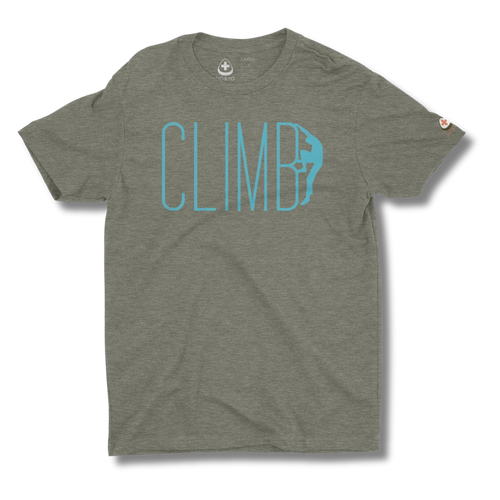 Military green t-shirt with 'CLIMB' and climbing graphic on a military green background