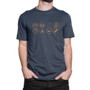 Man wearing NO&YO navy adventure t-shirt with minimalist icons for travel, cycling, sailing, and outdoor exploration.