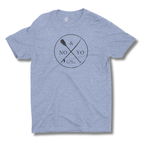 Blue t-shirt with a logo and text on a white background