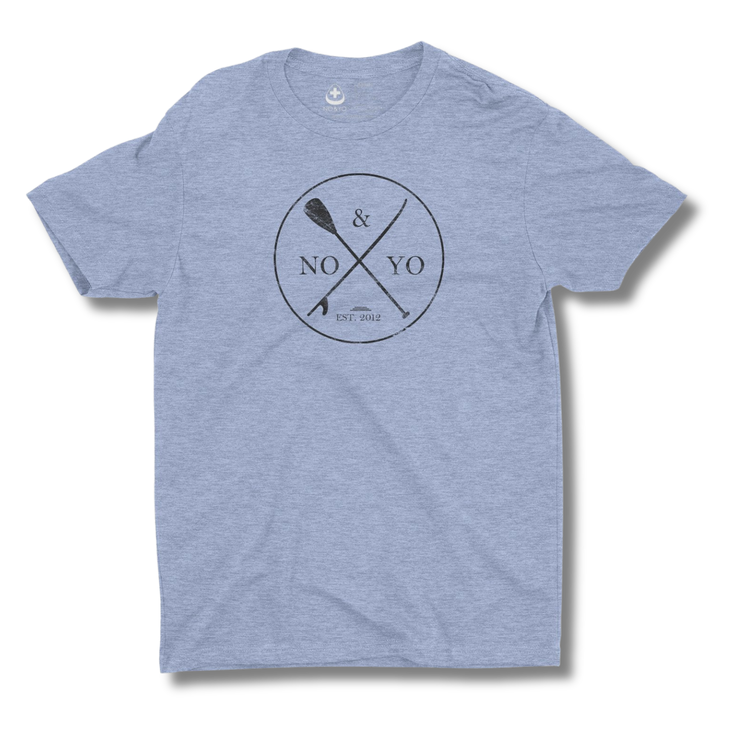 Blue t-shirt with a logo and text on a white background