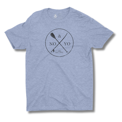 Blue t-shirt with a logo and text on a white background