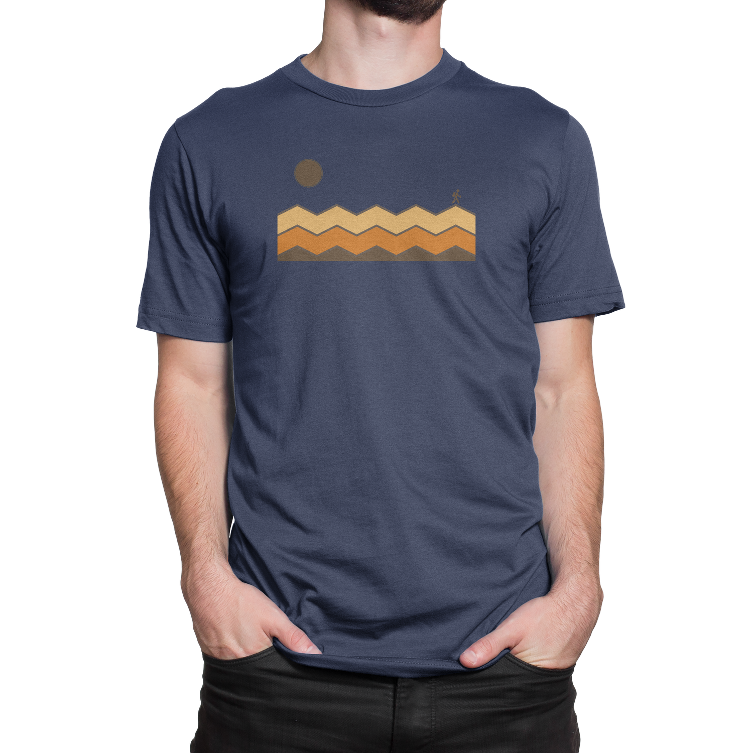 Front view of NO&YO blue Solo Traveler tee with sun and mountain trail design.