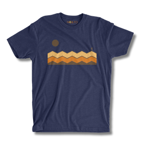 Navy blue t-shirt with a mountain graphic on a white background