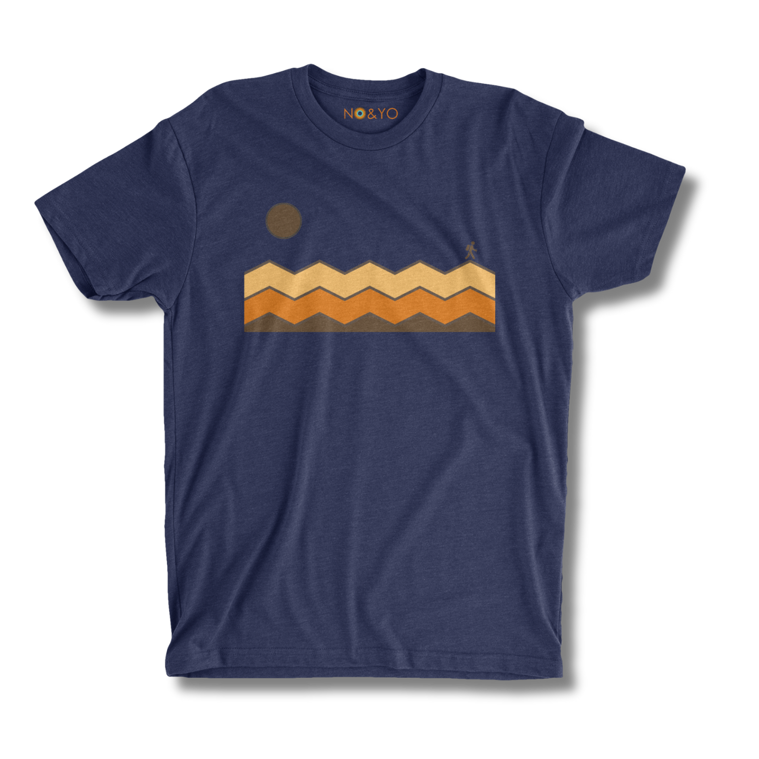 Navy blue t-shirt with a mountain graphic on a white background