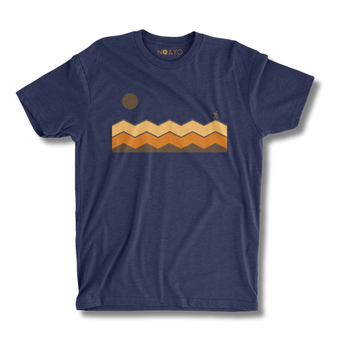 Navy blue t-shirt with a mountain graphic on a white background