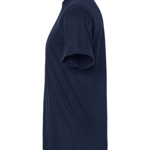 Side profile of blue Solo Traveler graphic t-shirt, soft and breathable fabric.