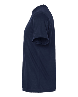 Side profile of blue Solo Traveler graphic t-shirt, soft and breathable fabric.