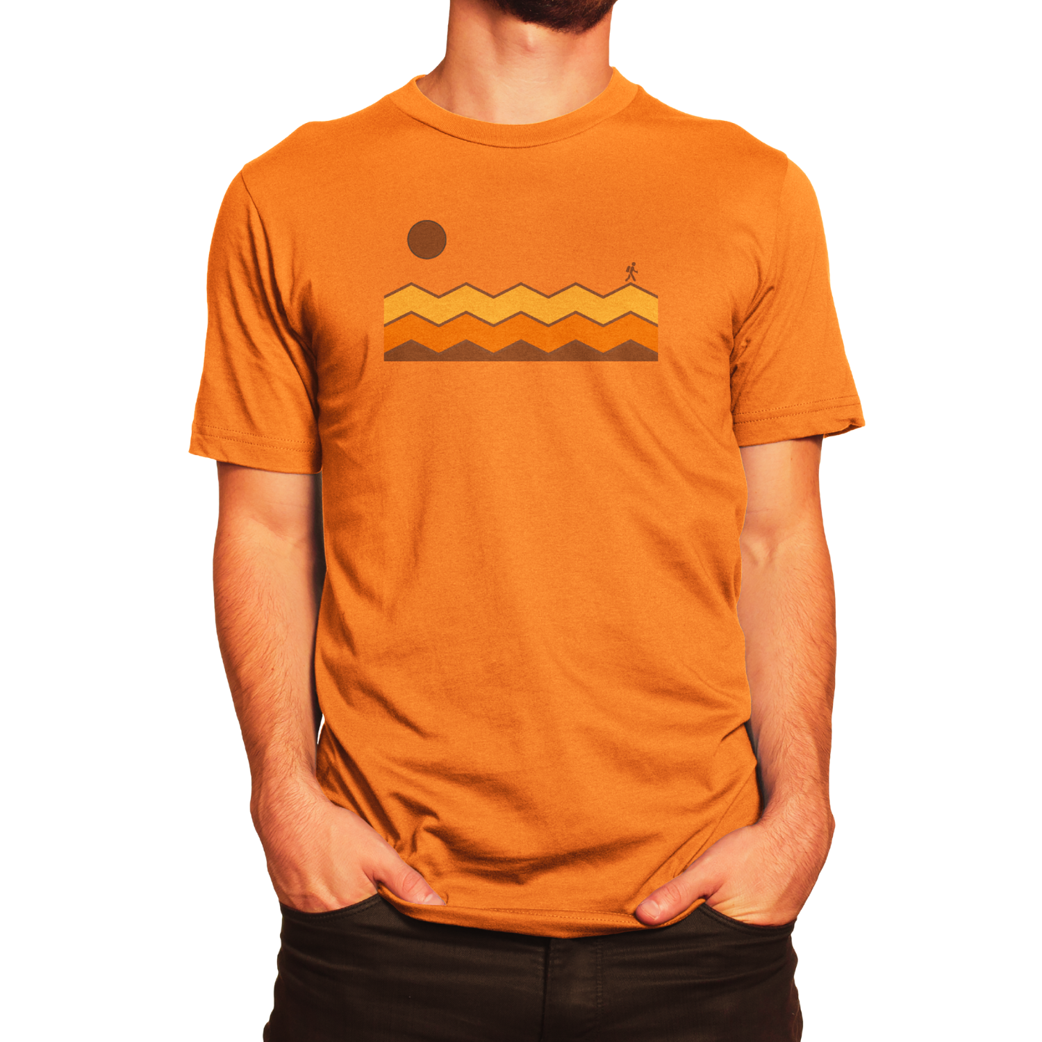 Front view of NO&YO orange Solo Traveler tee with sun and mountain trail graphic.