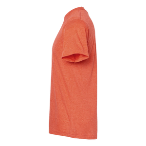 Side profile of orange Solo Traveler graphic t-shirt in premium cotton blend.