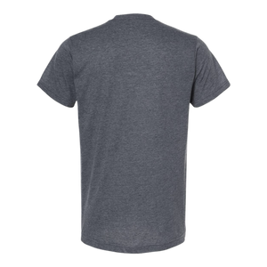 NO&YO heather navy premium tee with teardrop camper design in orange, soft cotton blend for camping and outdoor adventures.
