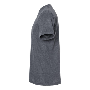 NO&YO heather navy premium tee with teardrop camper design in orange, soft cotton blend for camping and outdoor adventures.