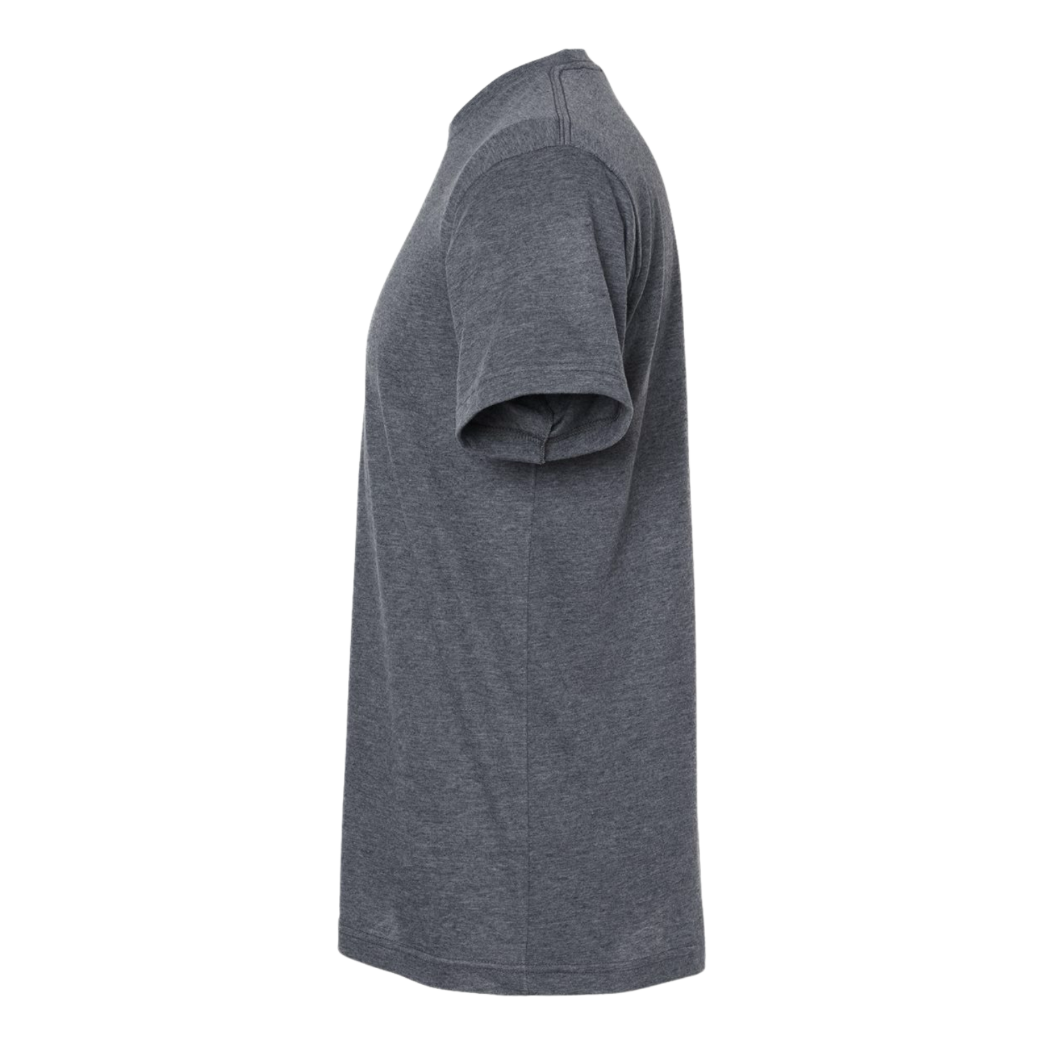 NO&YO heather navy premium tee with teardrop camper design in orange, soft cotton blend for camping and outdoor adventures.