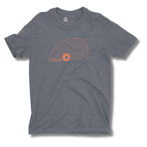 Gray t-shirt with orange graphic design on a white background