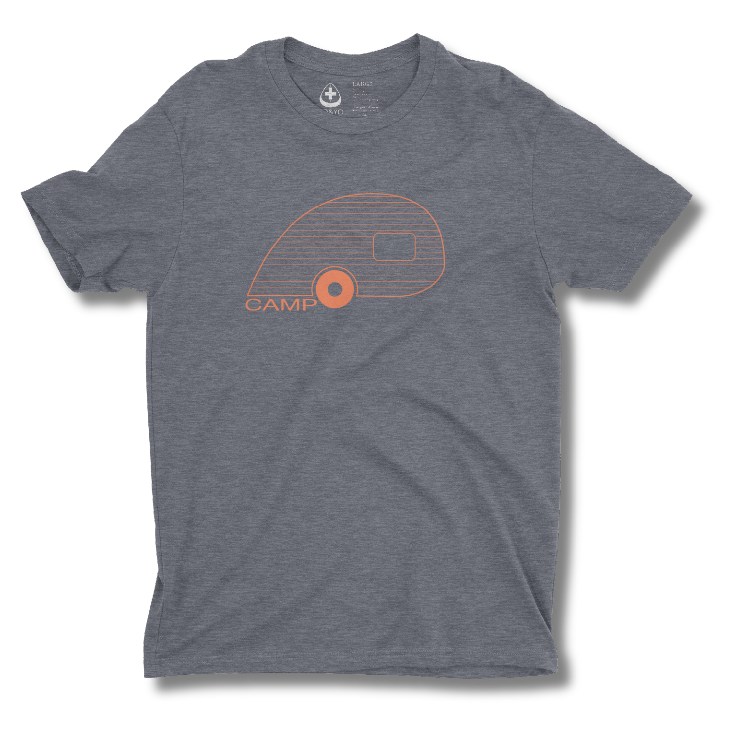 Gray t-shirt with orange graphic design on a white background